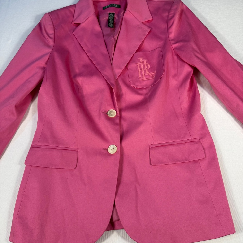Lauren Ralph Lauren Pink Cotton Blazer Embroidery Logo Preppy Barbie Size 10 Y2K - Picture 16 of 16